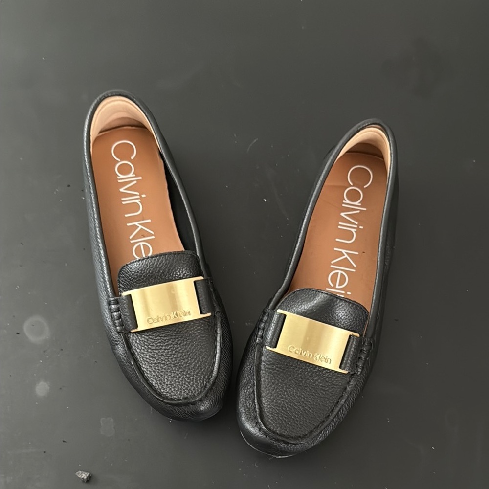 Calvin Klein Black and Gold Loafers with Metallic Detail